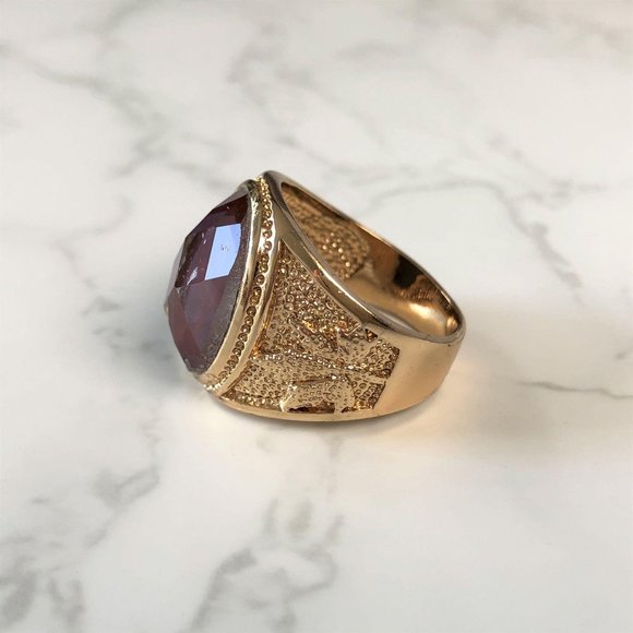 Gold Plated Mens Ring Size 10 Faceted Glass Caboch - Picture 6 of 10